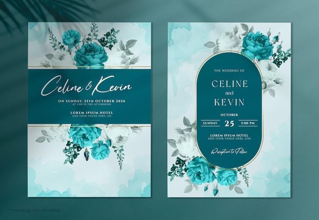 PSD watercolor wedding invitation card with a blue tosca and white flowers