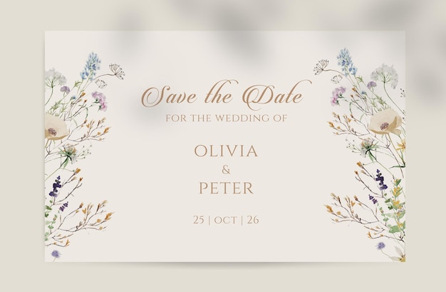 Watercolor wedding invitation card with delicate flowers