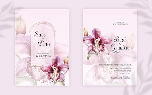 Biglietti d'invito per matrimonio ad acquerello con bellissimi fiori di orchidea