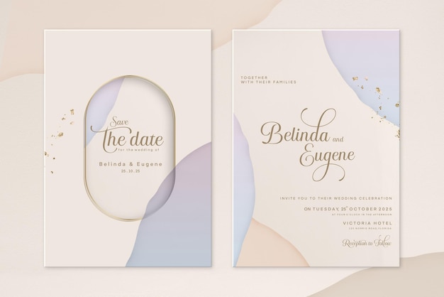 PSD watercolor wedding invitation and save the date with blue background