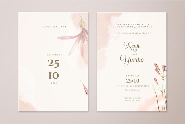 PSD watercolor wedding invitation and save the date with pink flower