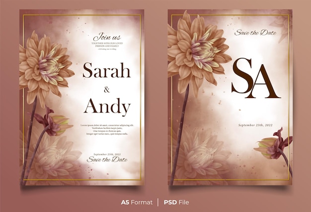 PSD watercolor wedding invitation template with brown flower ornament