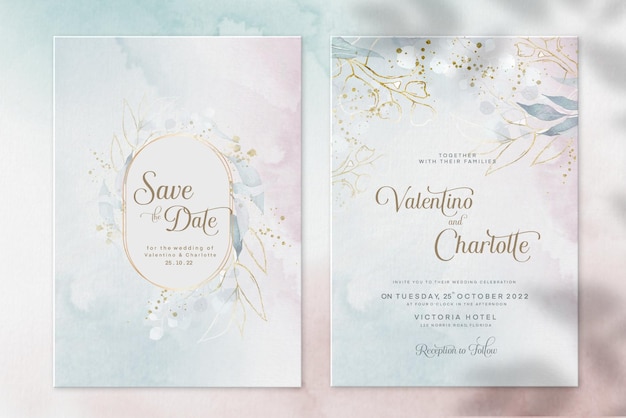 Watercolor wedding invitation template with golden leaves