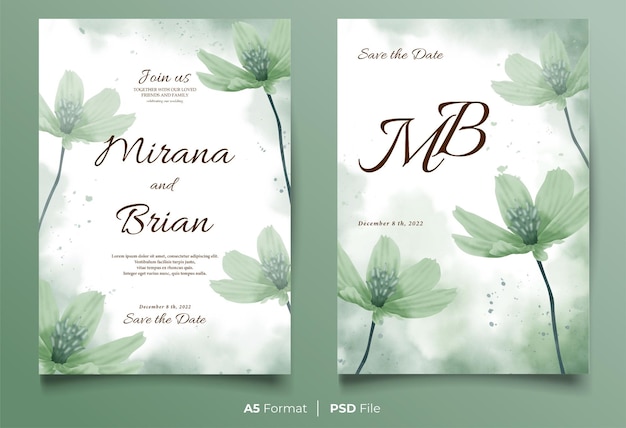 PSD watercolor wedding invitation template with green flower ornament