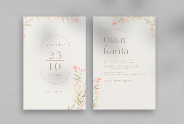 Watercolor wedding invitation template with luxury golden leaves