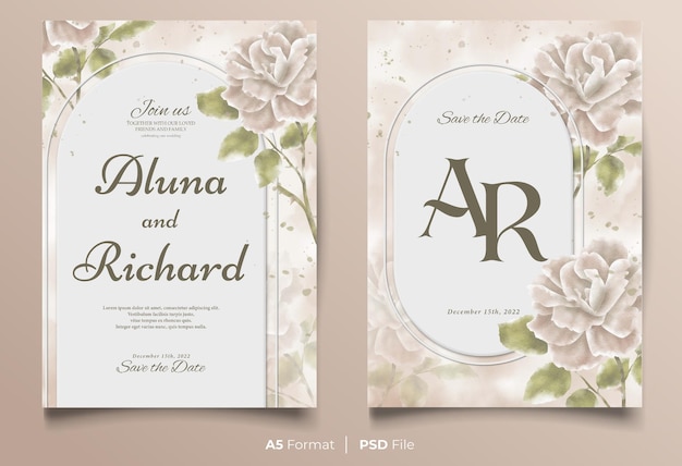 PSD watercolor wedding invitation template with peach and green flower ornament