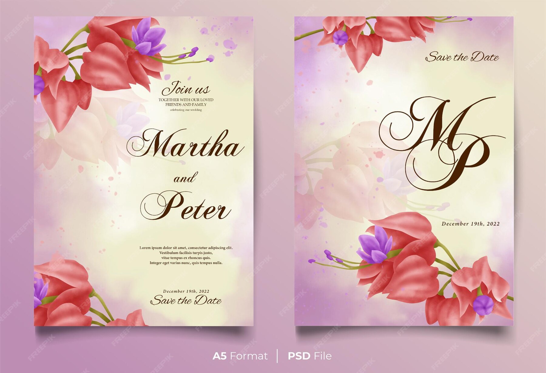 Premium PSD Watercolor Wedding Invitation Template With Pink Flower premium-psd-watercolor-wedding-invitation-template-with-pink-flower