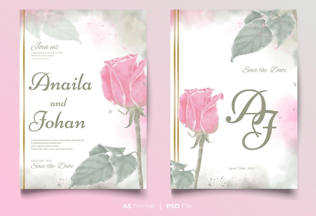 PSD watercolor wedding invitation template with pink flower ornament