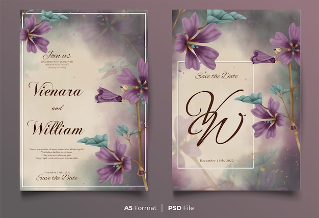 紫と緑の花の飾りと水彩の結婚式の招待状のテンプレート