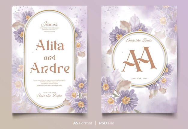 PSD watercolor wedding invitation template with purple flower ornament