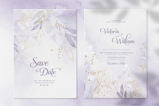 Watercolor Wedding Invitation Template with Purple Leaves