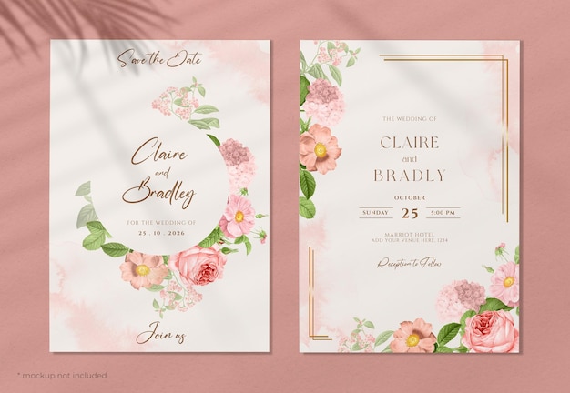 Watercolor wedding invitation template with romantic pink peach floral