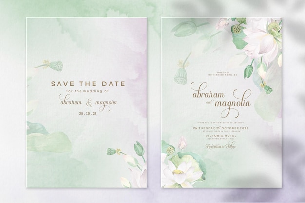 Watercolor wedding invitation template with water lily