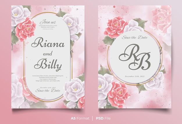 Watercolor wedding invitation template with white and pink flower ornament