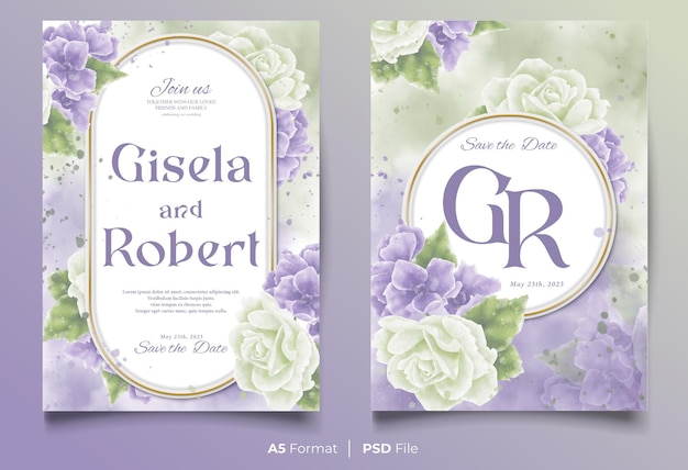 Watercolor wedding invitation template with white and purple flower ornament