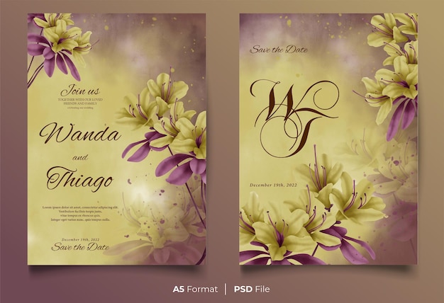 Акварельный шаблон свадебного приглашения с желтым и фиолетовым цветочным орнаментом