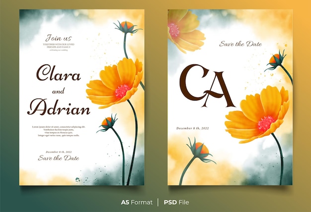 PSD watercolor wedding invitation template with yellow flower ornament