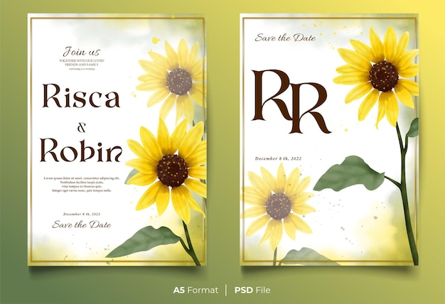 PSD watercolor wedding invitation template with yellow sun flower ornament