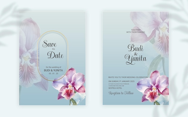 Invito a nozze ad acquerello con bellissimi fiori di rose di orchidea