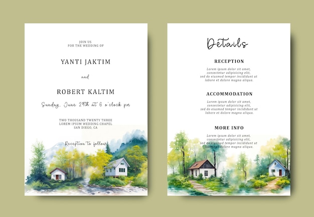 Watercolor wedding invitation with country house scene