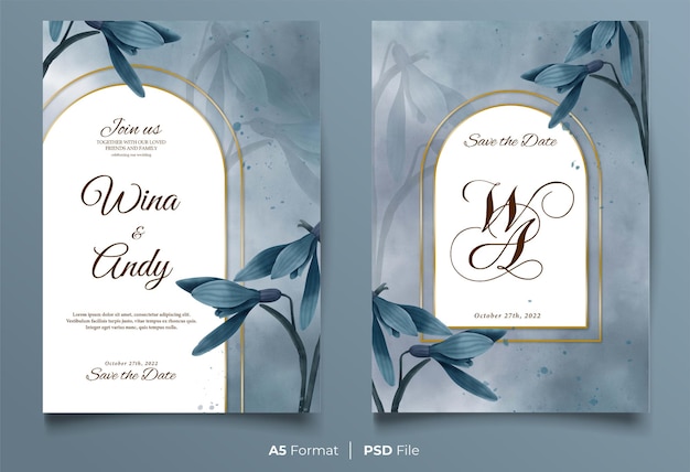 PSD watercolor wedding invitation with dark blue flower ornament