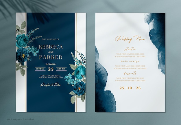 A watercolor wedding invitation with navy blue and teal flowers