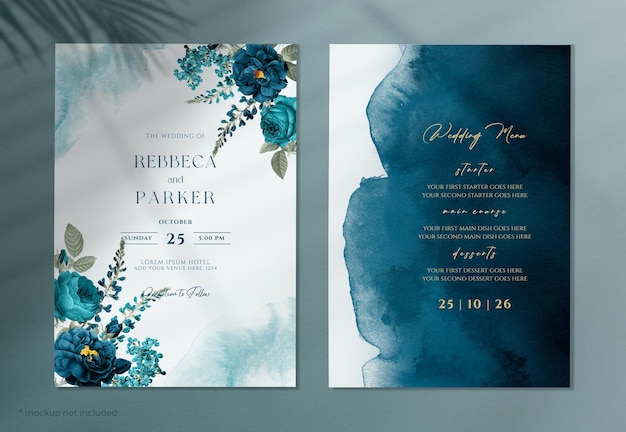 PSD a watercolor wedding invitation with navy blue and teal flowers