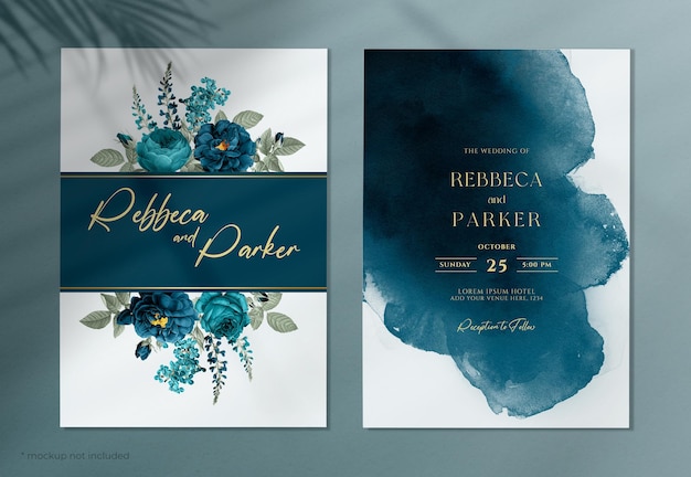 PSD a watercolor wedding invitation with navy blue and teal flowers