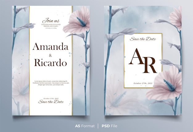 PSD watercolor wedding invitation with pastel flower ornament