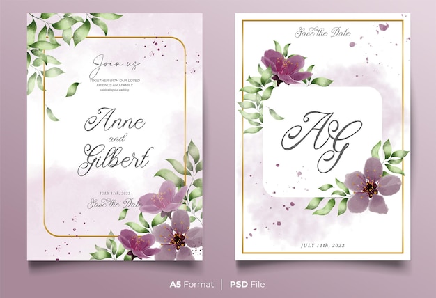 watercolor wedding invitation with pink flower