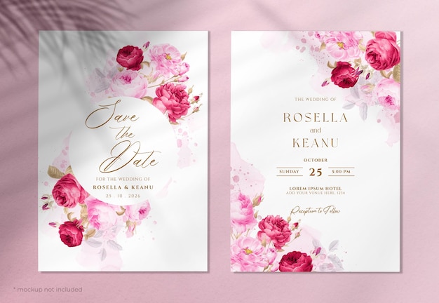 PSD a watercolor wedding invitation with red pink flowers and leaves decoration