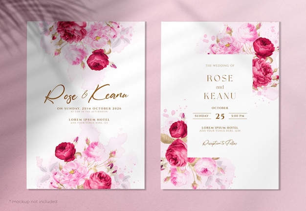 A watercolor wedding invitation with red pink flowers and leaves decoration