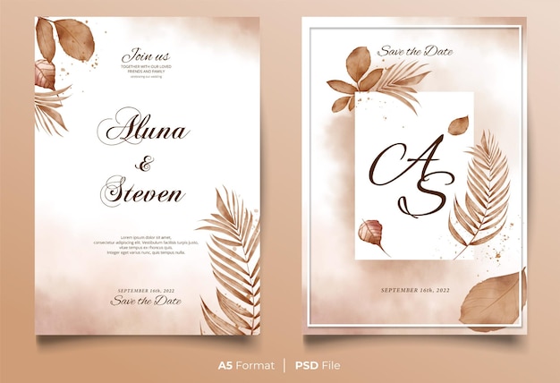 watercolor wedding invitation with rustic leaf