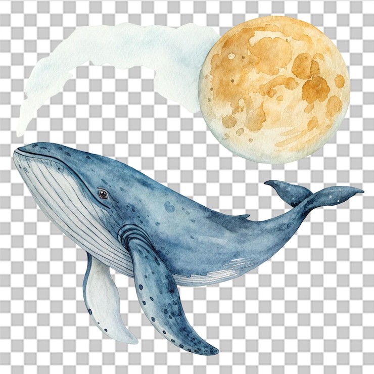 PSD watercolor whale and moon illustration isolated on transparent background