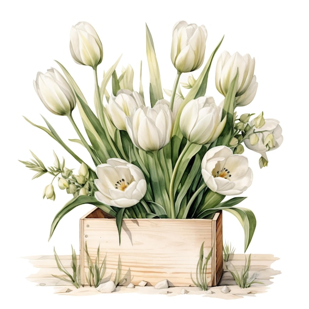 Watercolor White Tulips in Wooden Box