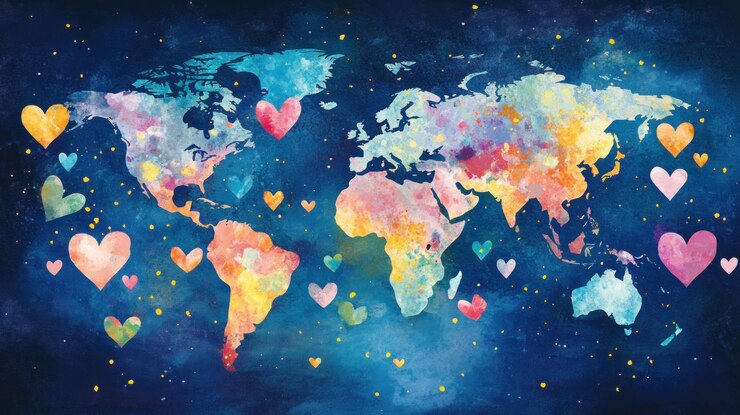 PSD watercolor world map with hearts