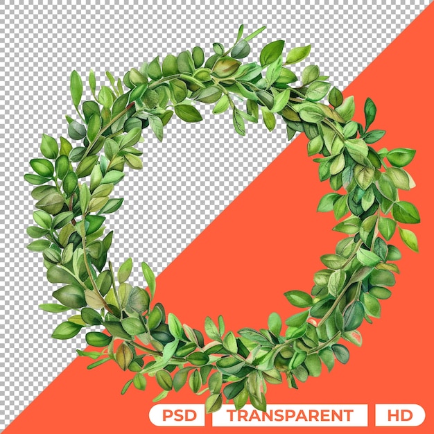 PSD watercolor wreath of leaves isolated on transparent background