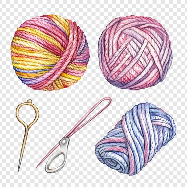PSD watercolor yarn balls and knitting needles