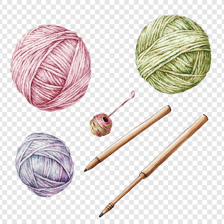 PSD watercolor yarn balls and knitting needles