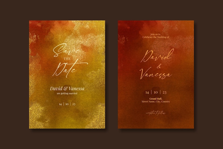 PSD watercolor yellow and brown wedding invitation card template