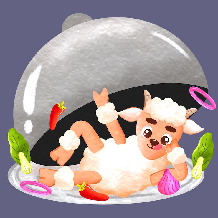 PSD watercolour illustration of a cute sheep character on a plate with scattered vegetables and herbs