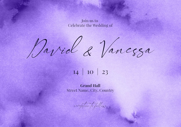 Modello di disegno della carta dell'invito di nozze viola dell'acquerello