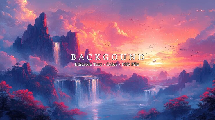 PSD waterfall landscape at sunset