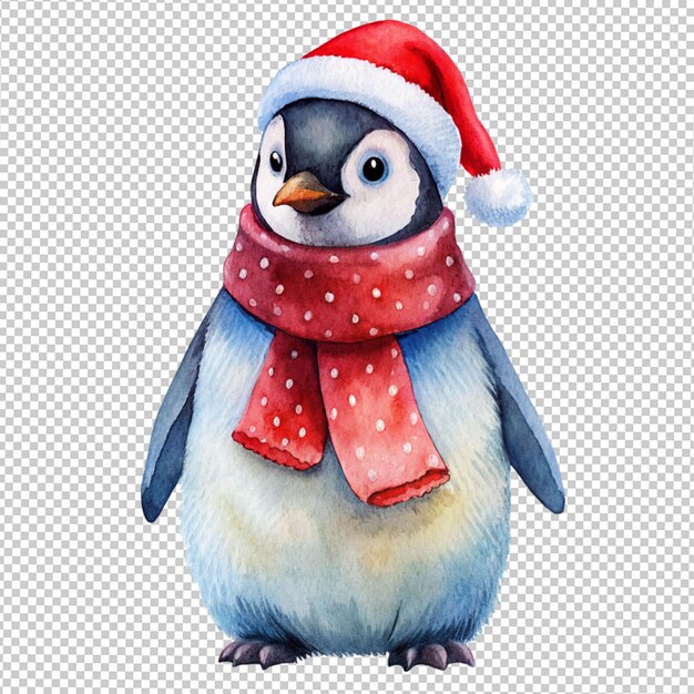 PSD waterkleur van een pinguïn die een kerstdoek draagt op een doorzichtige achtergrond