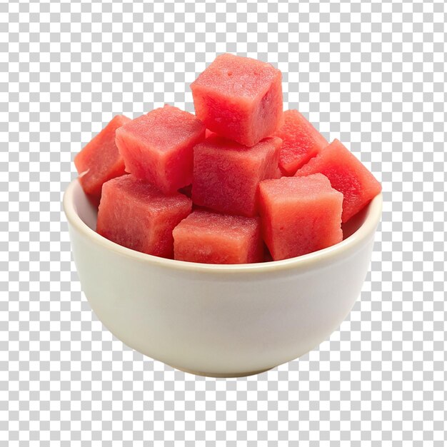PSD watermelon cubes in white bowl isolated on transparent background