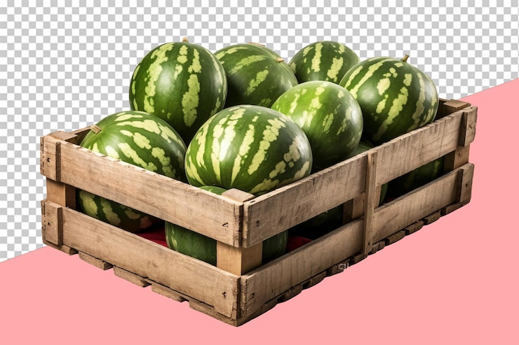 Watermelons in a sturdy wooden crate isolated object transparent background