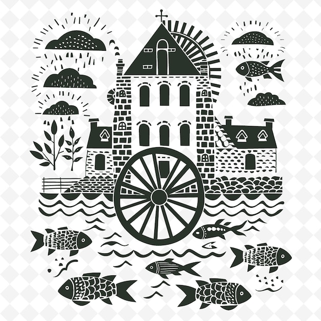 PSD watermill outline with water wheels and fish a large water illustration frames decor collection