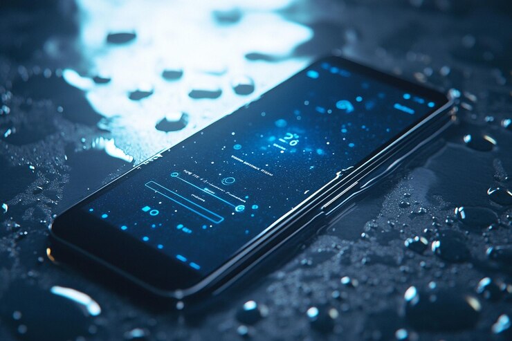 PSD waterresistant phone displaying futuristic interface submerged in water