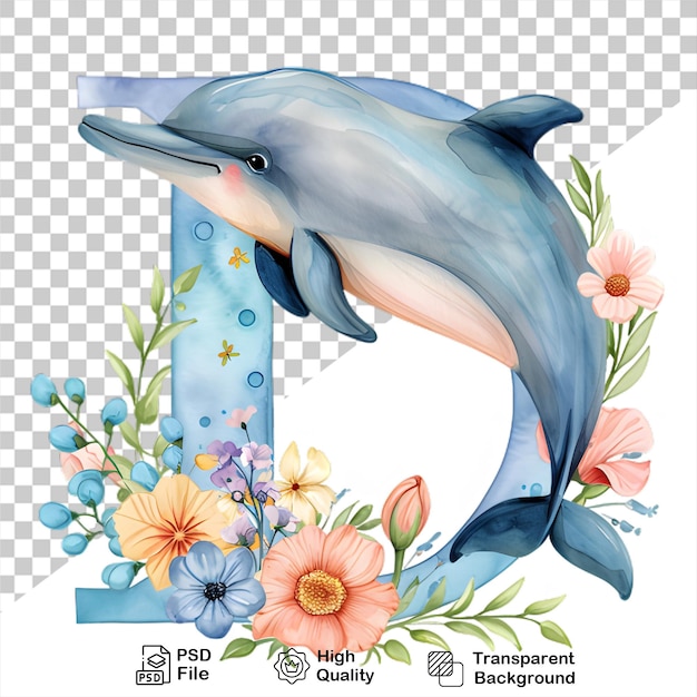 PSD waterverf alfabet letter d dolfijn met bloemen geïsoleerd op doorzichtige achtergrond