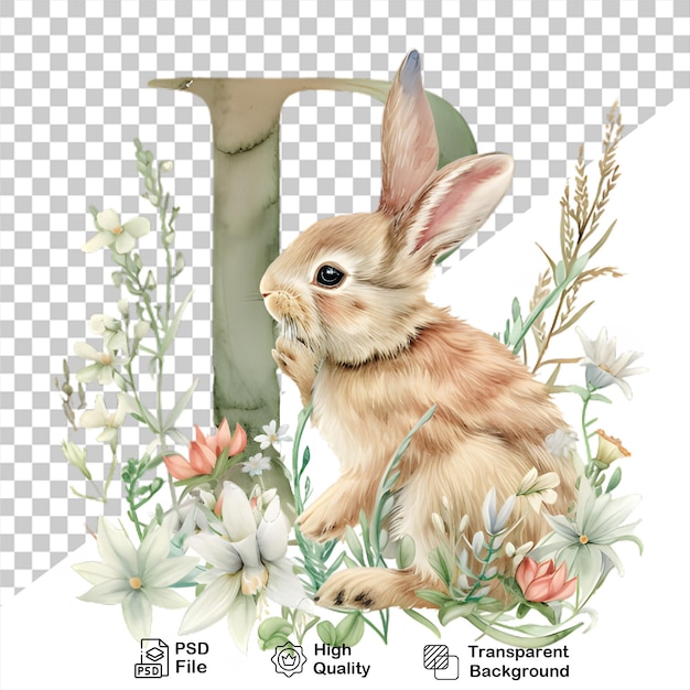 PSD waterverf alfabet letter r konijn met bloemen geïsoleerd op doorzichtige achtergrond